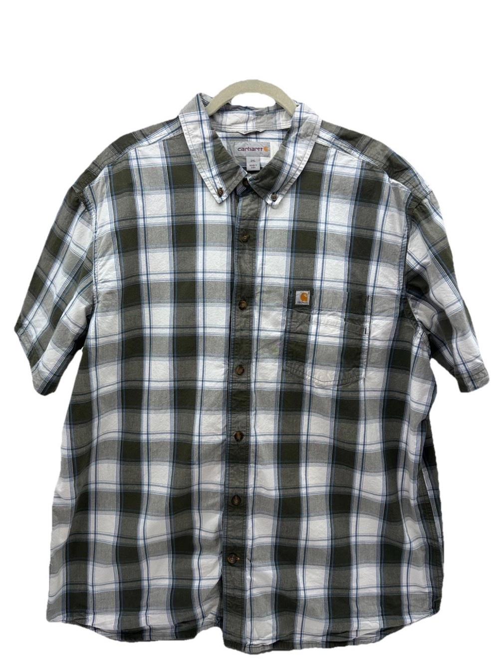 Carhartt Olive & White Plaid Short Sleeve Button-Down Shirt